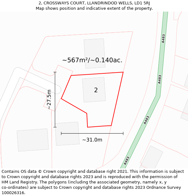 2, CROSSWAYS COURT, LLANDRINDOD WELLS, LD1 5RJ: Plot and title map