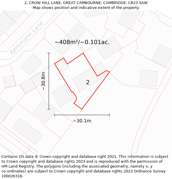 2, CROW HILL LANE, GREAT CAMBOURNE, CAMBRIDGE, CB23 5AW: Plot and title map