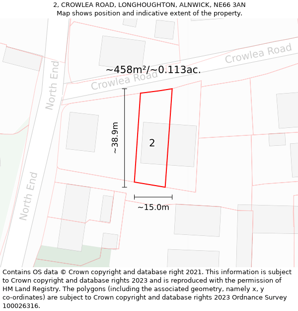 2, CROWLEA ROAD, LONGHOUGHTON, ALNWICK, NE66 3AN: Plot and title map