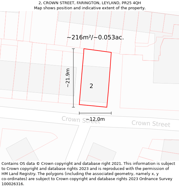 2, CROWN STREET, FARINGTON, LEYLAND, PR25 4QH: Plot and title map