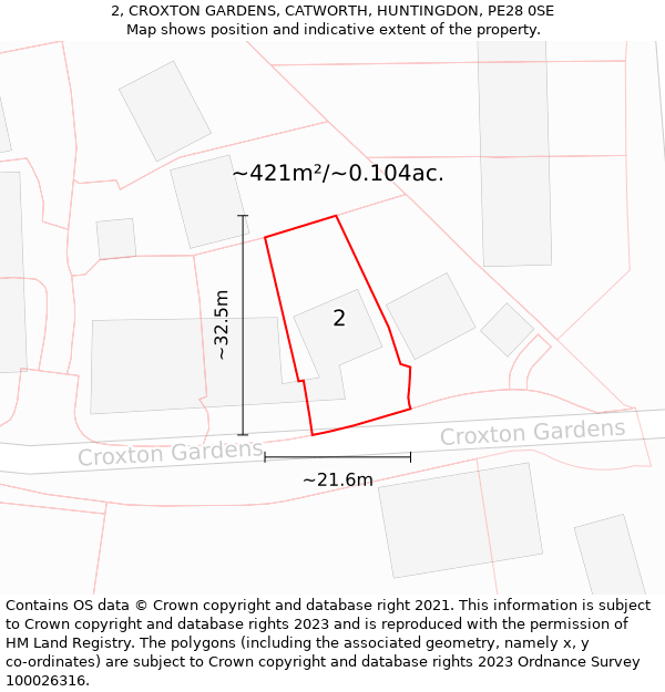 2, CROXTON GARDENS, CATWORTH, HUNTINGDON, PE28 0SE: Plot and title map