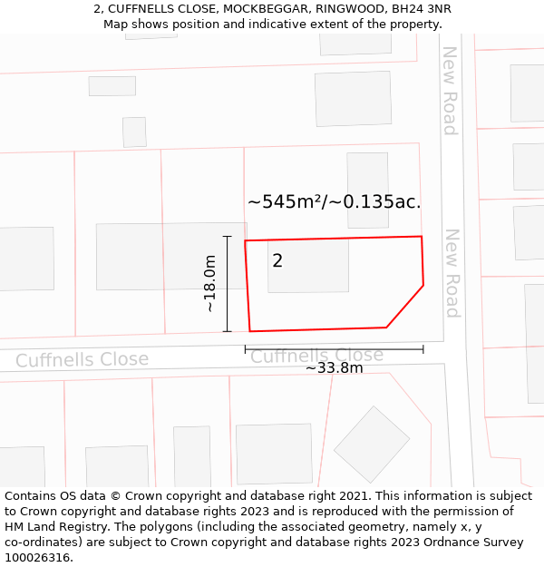 2, CUFFNELLS CLOSE, MOCKBEGGAR, RINGWOOD, BH24 3NR: Plot and title map