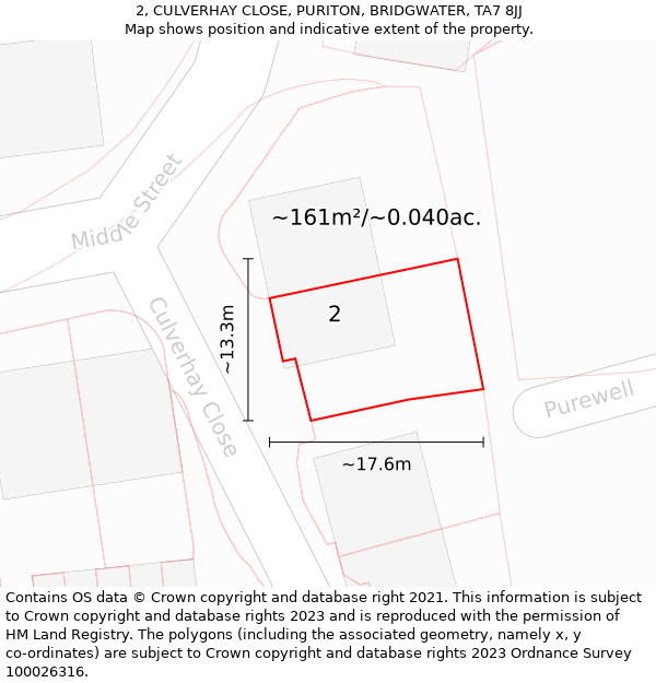 2, CULVERHAY CLOSE, PURITON, BRIDGWATER, TA7 8JJ: Plot and title map