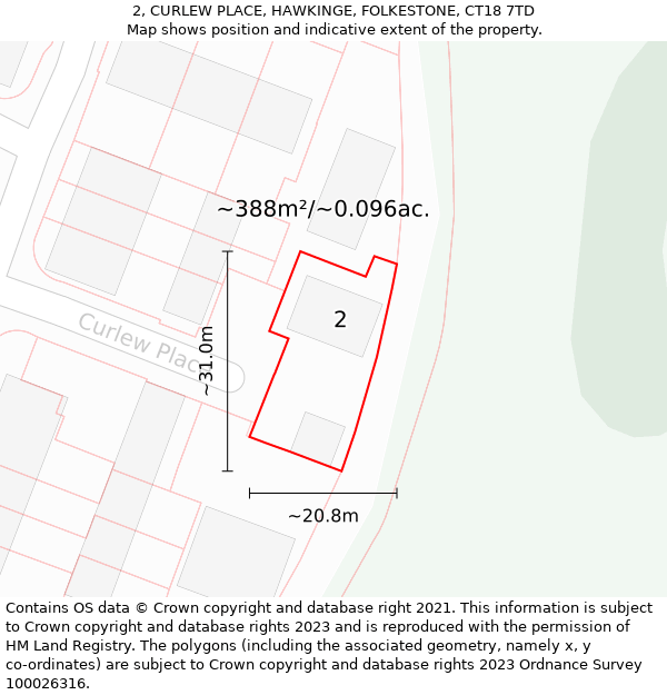 2, CURLEW PLACE, HAWKINGE, FOLKESTONE, CT18 7TD: Plot and title map