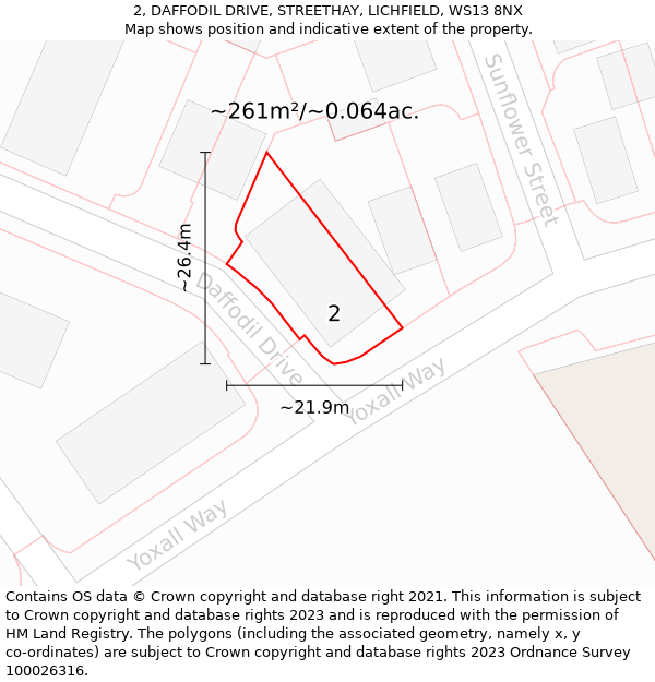 2, DAFFODIL DRIVE, STREETHAY, LICHFIELD, WS13 8NX: Plot and title map