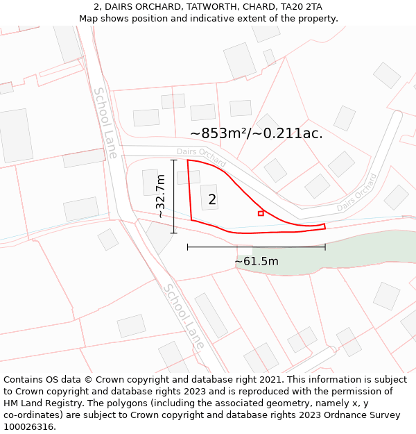 2, DAIRS ORCHARD, TATWORTH, CHARD, TA20 2TA: Plot and title map