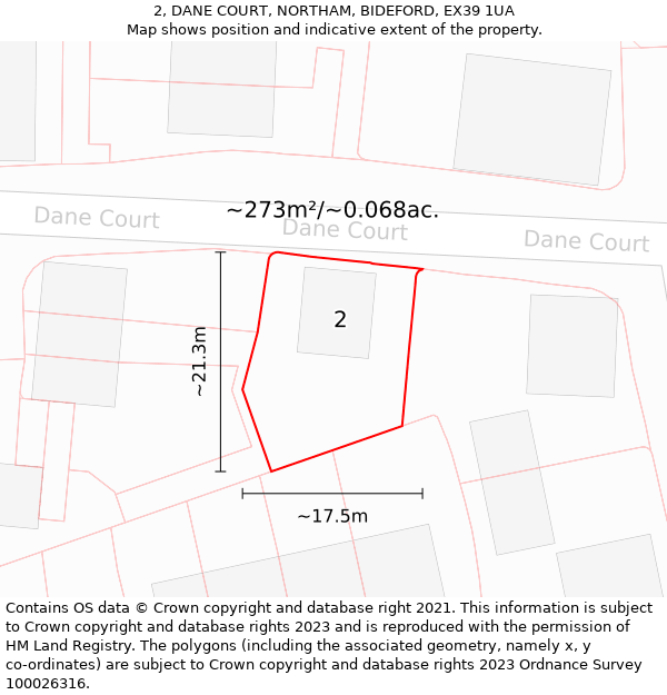 2, DANE COURT, NORTHAM, BIDEFORD, EX39 1UA: Plot and title map