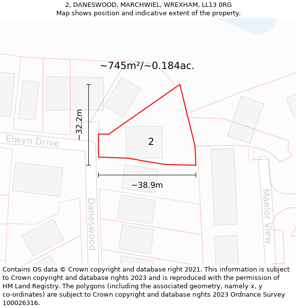 2, DANESWOOD, MARCHWIEL, WREXHAM, LL13 0RG: Plot and title map