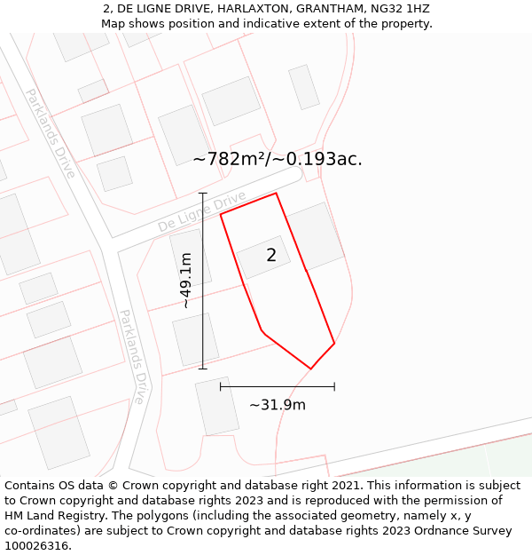 2, DE LIGNE DRIVE, HARLAXTON, GRANTHAM, NG32 1HZ: Plot and title map