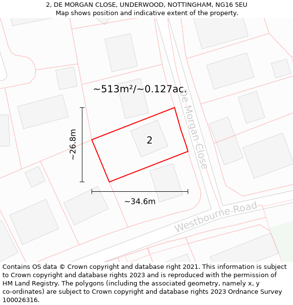 2, DE MORGAN CLOSE, UNDERWOOD, NOTTINGHAM, NG16 5EU: Plot and title map