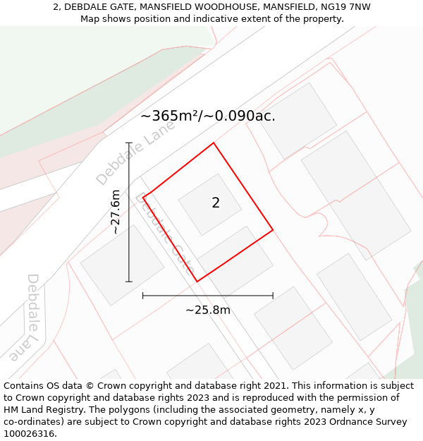 2, DEBDALE GATE, MANSFIELD WOODHOUSE, MANSFIELD, NG19 7NW: Plot and title map