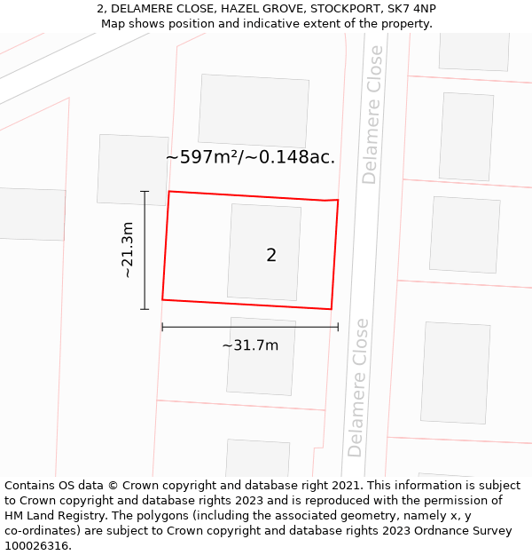 2, DELAMERE CLOSE, HAZEL GROVE, STOCKPORT, SK7 4NP: Plot and title map