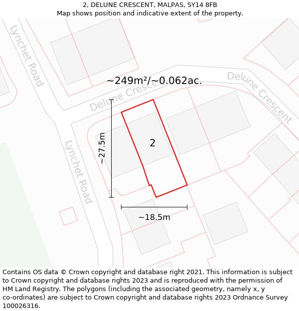 2, DELUNE CRESCENT, MALPAS, SY14 8FB: Plot and title map