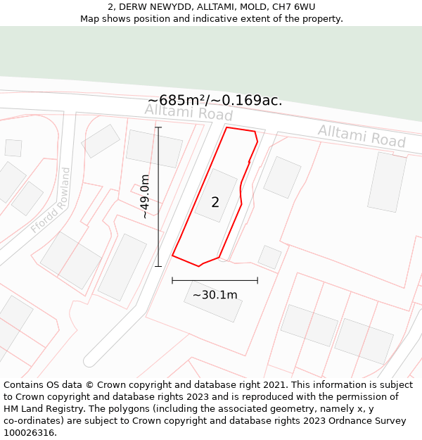 2, DERW NEWYDD, ALLTAMI, MOLD, CH7 6WU: Plot and title map