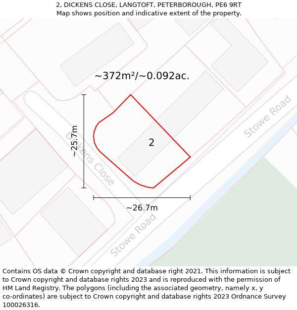 2, DICKENS CLOSE, LANGTOFT, PETERBOROUGH, PE6 9RT: Plot and title map