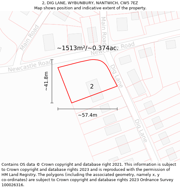 2, DIG LANE, WYBUNBURY, NANTWICH, CW5 7EZ: Plot and title map