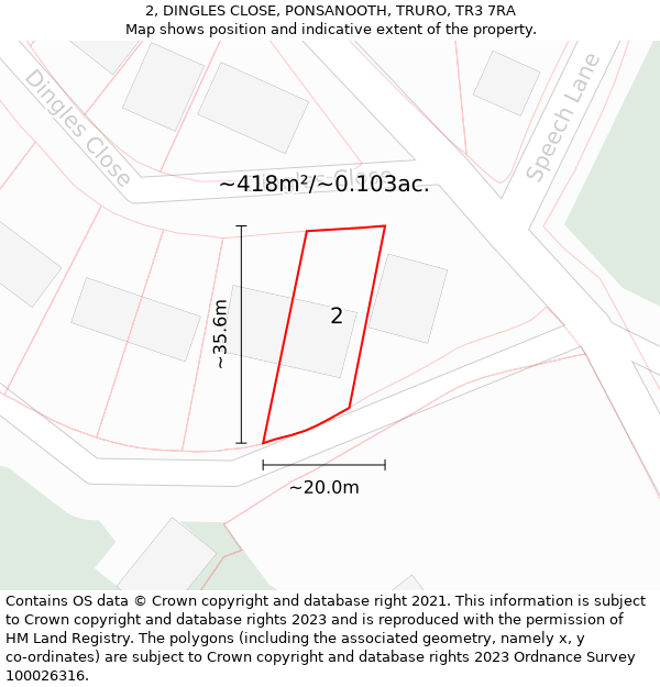 2, DINGLES CLOSE, PONSANOOTH, TRURO, TR3 7RA: Plot and title map