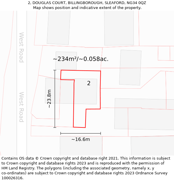 2, DOUGLAS COURT, BILLINGBOROUGH, SLEAFORD, NG34 0QZ: Plot and title map