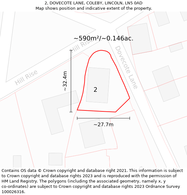 2, DOVECOTE LANE, COLEBY, LINCOLN, LN5 0AD: Plot and title map
