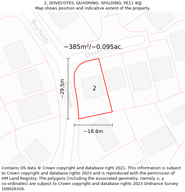 2, DOVECOTES, QUADRING, SPALDING, PE11 4QJ: Plot and title map