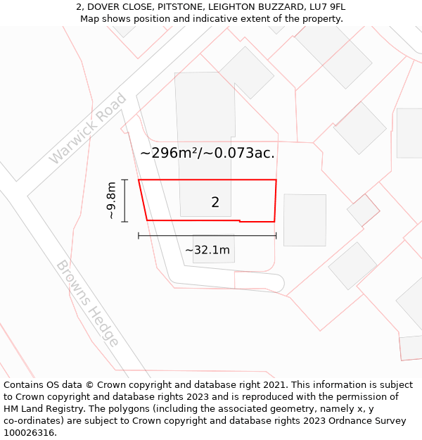 2, DOVER CLOSE, PITSTONE, LEIGHTON BUZZARD, LU7 9FL: Plot and title map