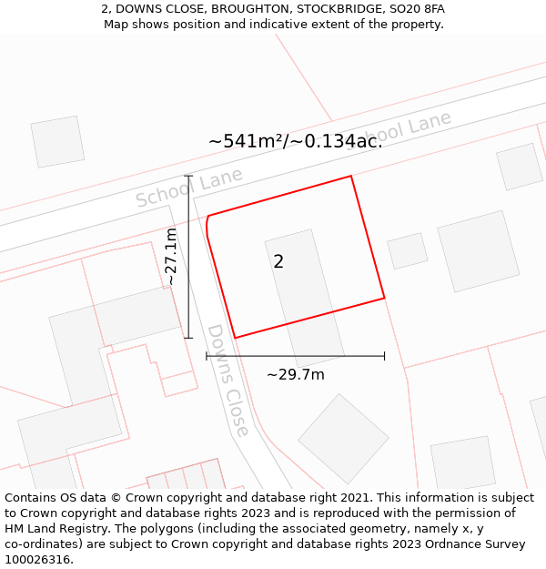 2, DOWNS CLOSE, BROUGHTON, STOCKBRIDGE, SO20 8FA: Plot and title map