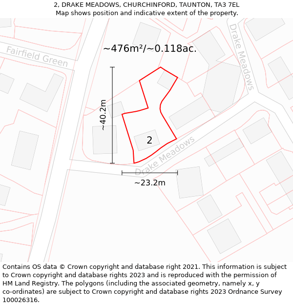 2, DRAKE MEADOWS, CHURCHINFORD, TAUNTON, TA3 7EL: Plot and title map