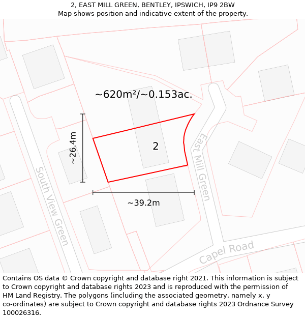 2, EAST MILL GREEN, BENTLEY, IPSWICH, IP9 2BW: Plot and title map