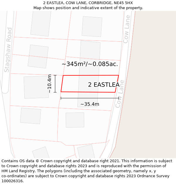 2 EASTLEA, COW LANE, CORBRIDGE, NE45 5HX: Plot and title map