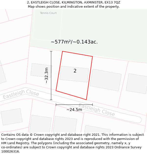 2, EASTLEIGH CLOSE, KILMINGTON, AXMINSTER, EX13 7QZ: Plot and title map