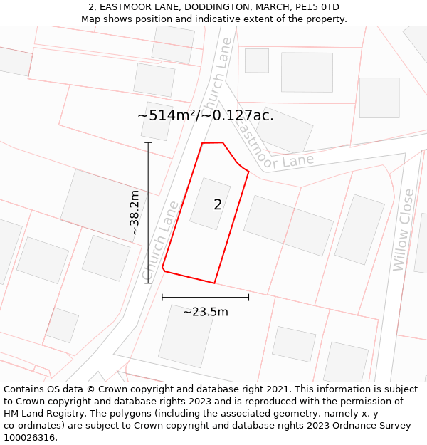 2, EASTMOOR LANE, DODDINGTON, MARCH, PE15 0TD: Plot and title map