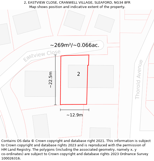 2, EASTVIEW CLOSE, CRANWELL VILLAGE, SLEAFORD, NG34 8FR: Plot and title map