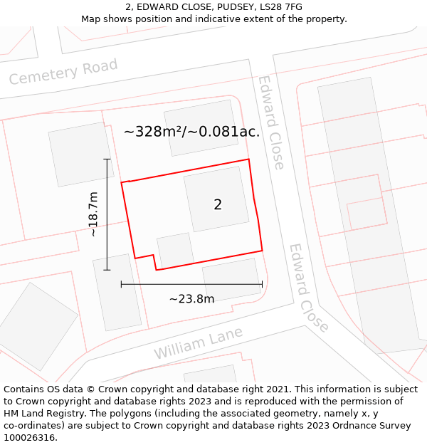 2, EDWARD CLOSE, PUDSEY, LS28 7FG: Plot and title map