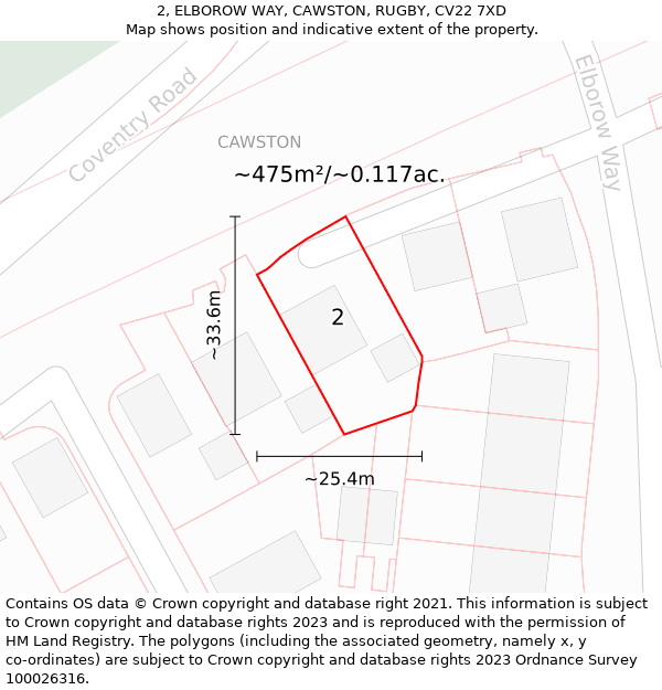 2, ELBOROW WAY, CAWSTON, RUGBY, CV22 7XD: Plot and title map