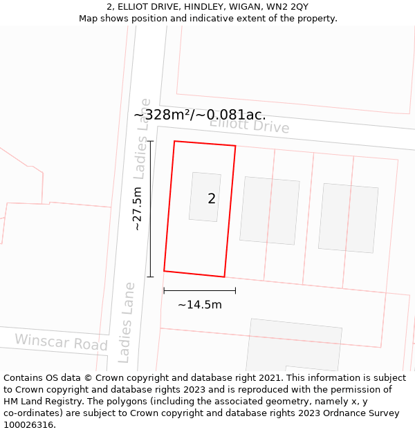 2, ELLIOT DRIVE, HINDLEY, WIGAN, WN2 2QY: Plot and title map