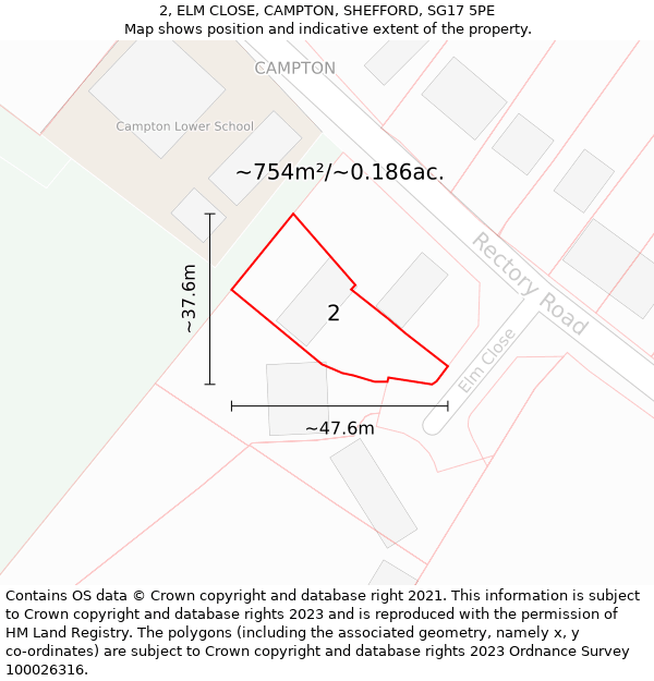 2, ELM CLOSE, CAMPTON, SHEFFORD, SG17 5PE: Plot and title map