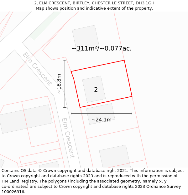2, ELM CRESCENT, BIRTLEY, CHESTER LE STREET, DH3 1GH: Plot and title map
