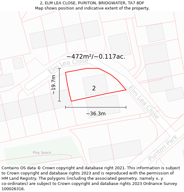 2, ELM LEA CLOSE, PURITON, BRIDGWATER, TA7 8DF: Plot and title map