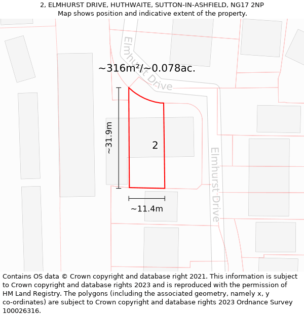 2, ELMHURST DRIVE, HUTHWAITE, SUTTON-IN-ASHFIELD, NG17 2NP: Plot and title map