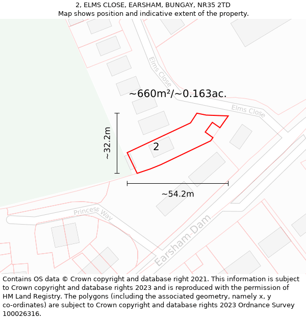 2, ELMS CLOSE, EARSHAM, BUNGAY, NR35 2TD: Plot and title map