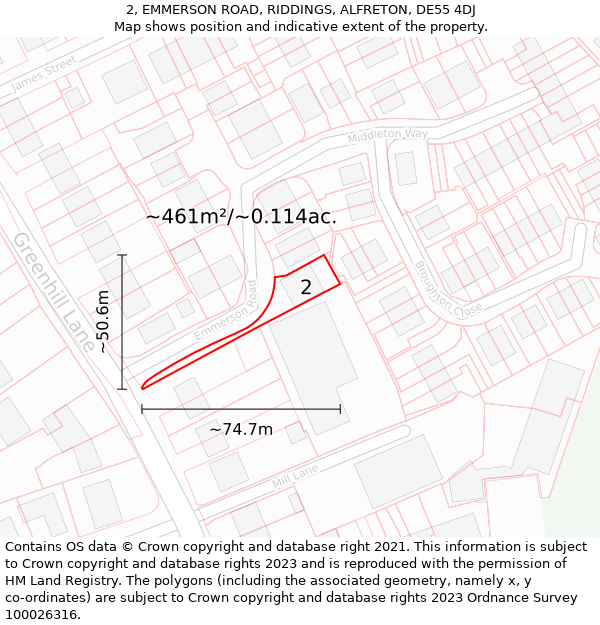 2, EMMERSON ROAD, RIDDINGS, ALFRETON, DE55 4DJ: Plot and title map