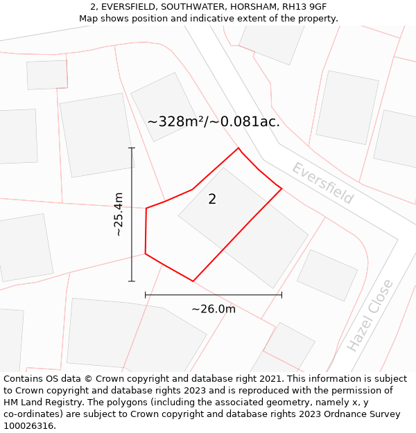 2, EVERSFIELD, SOUTHWATER, HORSHAM, RH13 9GF: Plot and title map