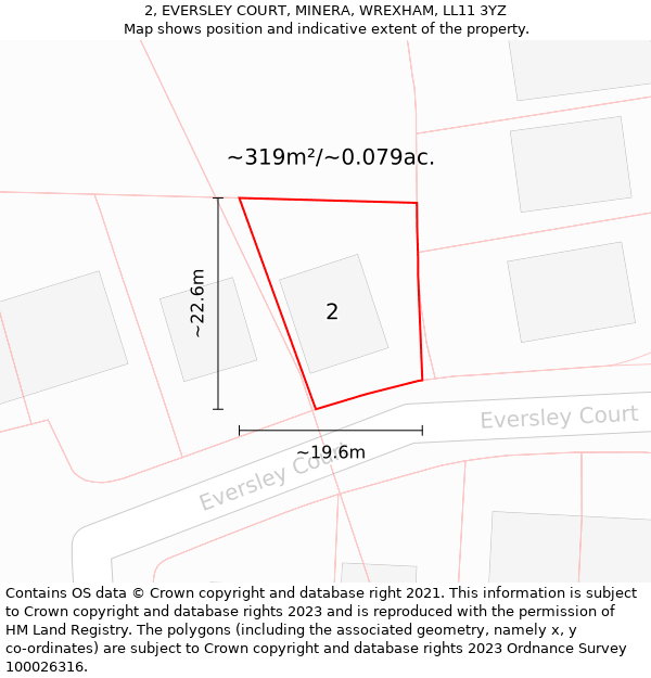 2, EVERSLEY COURT, MINERA, WREXHAM, LL11 3YZ: Plot and title map