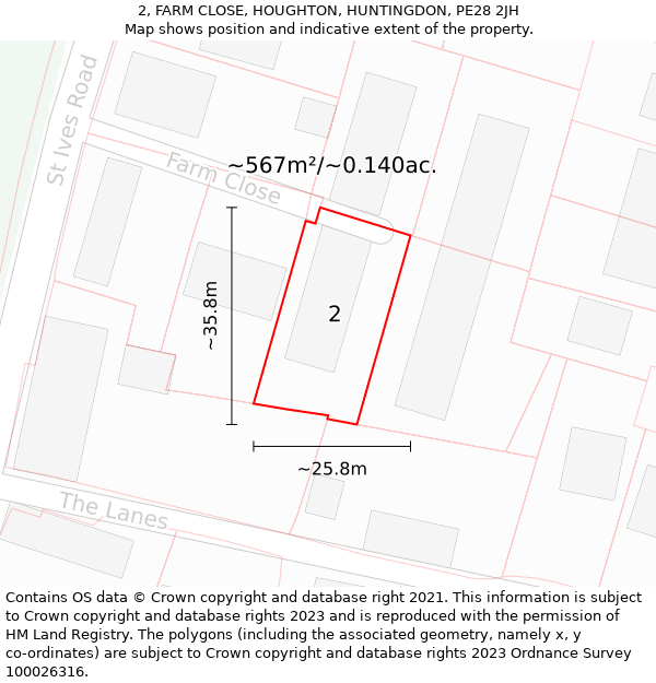 2, FARM CLOSE, HOUGHTON, HUNTINGDON, PE28 2JH: Plot and title map