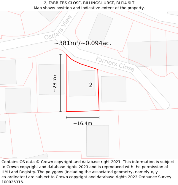 2, FARRIERS CLOSE, BILLINGSHURST, RH14 9LT: Plot and title map