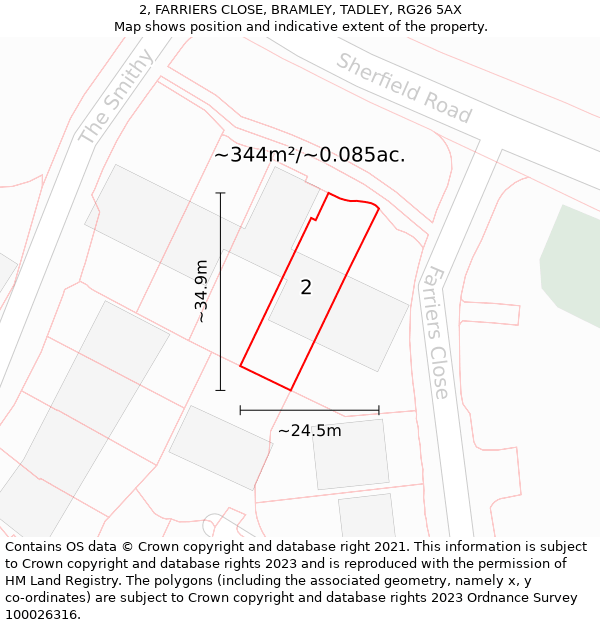 2, FARRIERS CLOSE, BRAMLEY, TADLEY, RG26 5AX: Plot and title map