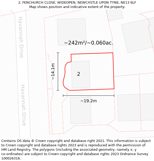 2, FENCHURCH CLOSE, WIDEOPEN, NEWCASTLE UPON TYNE, NE13 6LF: Plot and title map