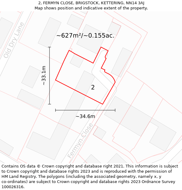 2, FERMYN CLOSE, BRIGSTOCK, KETTERING, NN14 3AJ: Plot and title map