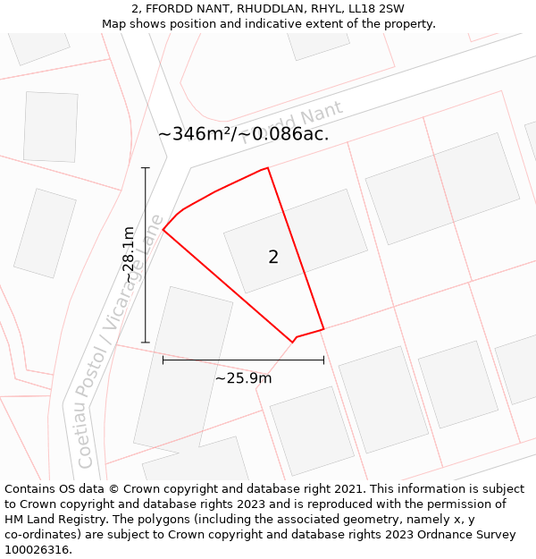 2, FFORDD NANT, RHUDDLAN, RHYL, LL18 2SW: Plot and title map