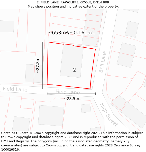 2, FIELD LANE, RAWCLIFFE, GOOLE, DN14 8RR: Plot and title map